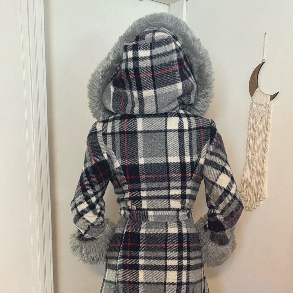 Vintage Plaid Penny Lane Belted Coat with Faux Fur Cuffs and Hood